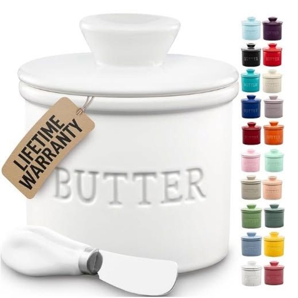 Zulay Kitchen Bell Shaped Butter Crock with Lid for Countertop  Spreader Knife